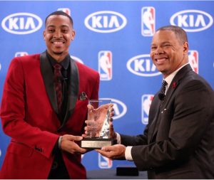 CJ McCollum accepts his award for being Kia's Most Improved Player 2015-2016