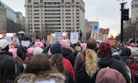 protesters at indépendance plaza in Washington dc woman's march 2020